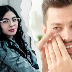 Kobieta w okularach i mężczyzna zakładający soczewki. Wybór między soczewki czy okulary.