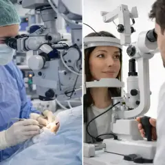 Lekarz operuje oko pod mikroskopem, a inny bada wzrok pacjentki. Czy to światłowstręt co to?