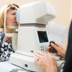 Kobieta przechodzi badanie komputerowe wzroku. Okulista obsługuje aparat, by sprawdzić jej wzrok.