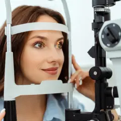 Kobieta podczas badania wzroku. Możliwe, że przygotowuje się do zabiegu witreolizy laserowej NFZ.