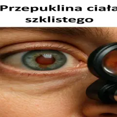 Zbliżenie oka z widocznym narzędziem okulistycznym. Widać tęczówkę i źrenicę, a przez soczewkę narzędzia – wnętrze oka, gdzie mogą być widoczne **przeszkliste oczy**.