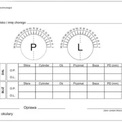 Formularz recepty na okulary z polami do wpisania danych pacjenta, parametrów soczewek (sfera, cylinder, oś, pryzmat, baza, PD) dla dali i bliży, oraz miejscem na wybór oprawy.