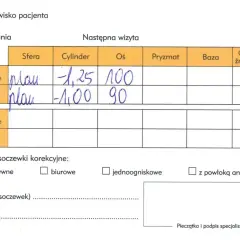 Wyniki badania wzroku: sfera -1,25 i -1,00, cylinder -1,25 i -1,00.