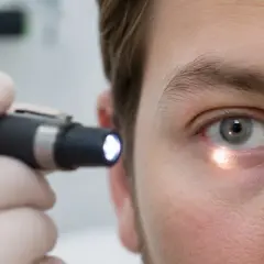 Oczy po psychotropach mogą wyglądać inaczej. Lekarz bada źrenicę pacjenta latarką.