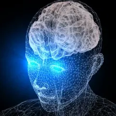 Siatka neuronowa ludzkiej głowy z błyszczącymi oczami, symbolizująca widzenie peryferyjne i przetwarzanie informacji.