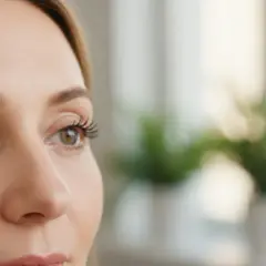Zbliżenie na twarz kobiety, ukazujące jej oczy i nos. Widoczne są różne rodzaje powiek, podkreślone makijażem.