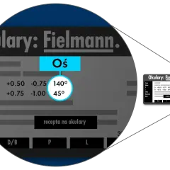 Dane z recepty na okulary, które optometrysta lub okulista wpisał w systemie Fielmann. Pokazano parametry soczewek i ich osie.