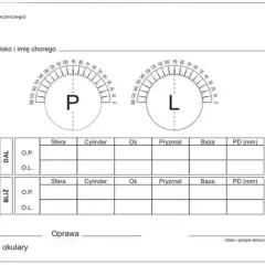 Formularz recepty na okulary z polami do wpisania danych, jak czytać oznaczenia na okularach: P (prawe oko), L (lewe oko), Sfera, Cylinder, Oś, Pryzmat, Baza, PD.