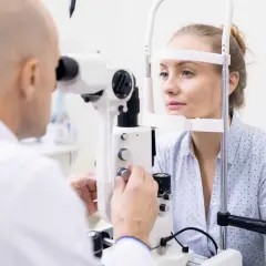 Zamazany obraz: okulista bada wzrok pacjentki za pomocą specjalistycznego sprzętu.
