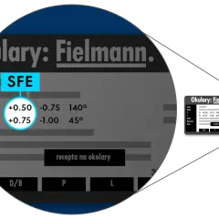 Wyniki testów na wzrok z salonu Fielmann: recepta na okulary z mocami +0.50 i +0.75.