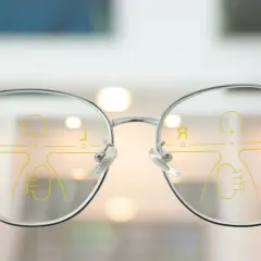 Okulary jednoogniskowe z naniesionymi oznaczeniami do pomiaru.