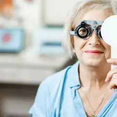 Starsza kobieta z przyrządem optometrycznym, badanie wzroku. Może to być związane z pogorszeniem wzroku ICD 10.
