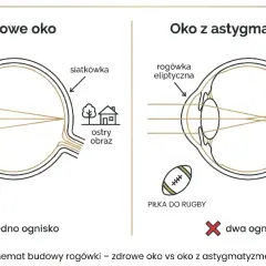 Zdrowe oko z kulistą rogówką skupia światło na siatkówce, dając ostry obraz piłki nożnej. Oko z astygmatyzmem i eliptyczną rogówką tworzy dwa ogniska, rozmywając obraz.