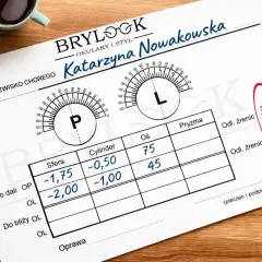Recepta okularowa Katarzyny Nowakowskiej z danymi: cylinder -0,50 i -1,00, wskazująca na wadę wzroku.