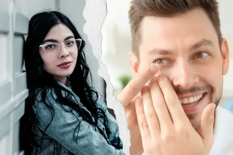 Kobieta w okularach i mężczyzna zakładający soczewki. Wybór między soczewki czy okulary.