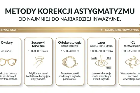 Metody korekcji astygmatyzmu: okulary, soczewki toryczne, ortokorekcja, laser (LASIK, PRK, SMILE), soczewki fakijne ICL.