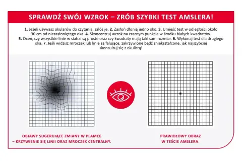 Test Amslera: zniekształcone linie i mroczek centralny sugerują problemy z plamką. Prawidłowy obraz jest prosty.
