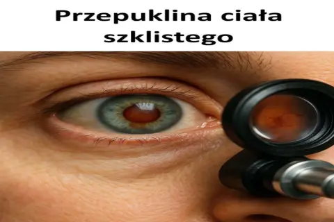 Zbliżenie oka z widocznym narzędziem okulistycznym. Widać tęczówkę i źrenicę, a przez soczewkę narzędzia – wnętrze oka, gdzie mogą być widoczne **przeszkliste oczy**.