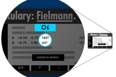 Dane z recepty na okulary, które optometrysta lub okulista wpisał w systemie Fielmann. Pokazano parametry soczewek i ich osie.