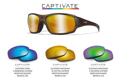 Okulary Captivate z powłoką oleofobową. Trzy rodzaje soczewek: szara z niebieskim lustrem (10%), miedziana ze złotym lustrem (15%) i miedziana z zielonym lustrem (12%).