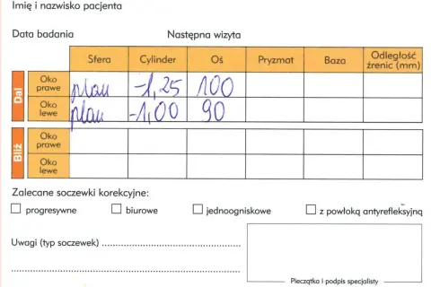 Wynik badania wzroku: wada -1,25 dla prawego oka i -1,00 dla lewego.