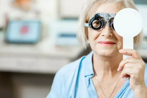Starsza kobieta z przyrządem optometrycznym, badanie wzroku. Może to być związane z pogorszeniem wzroku ICD 10.