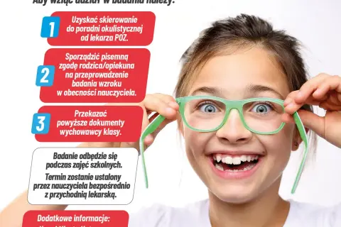 Uśmiechnięta dziewczynka z zielonymi okularami, przygotowująca się do badania wzroku. Informacje o badaniu, w tym o konieczności zgody rodzica, przypominają test Ishihary.