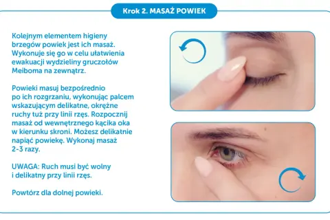 Delikatny masaż powiek, by udrożnić gruczoły Meiboma. Okrężne ruchy palcem wskazującym przy linii rzęs.