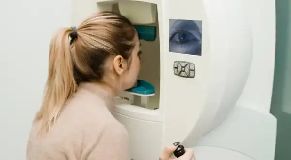 Kobieta poddawana badaniu pola widzenia w okularach czy bez. Na ekranie urządzenia widoczne oko.