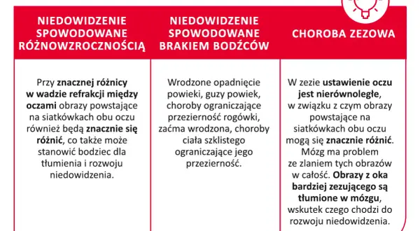 Różnice w wadzie refrakcji między oczami, wrodzone wady powiek, rogówki, ciała szklistego lub zezowanie mogą powodować, że jedno oko jest mniejsze od drugiego, co prowadzi do niedowidzenia.