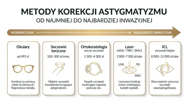 Metody korekcji astygmatyzmu: okulary, soczewki, ortok., laser, ICL. Co to addycja? To różne sposoby na poprawę wzroku, od najmniej do najbardziej inwazyjnych.