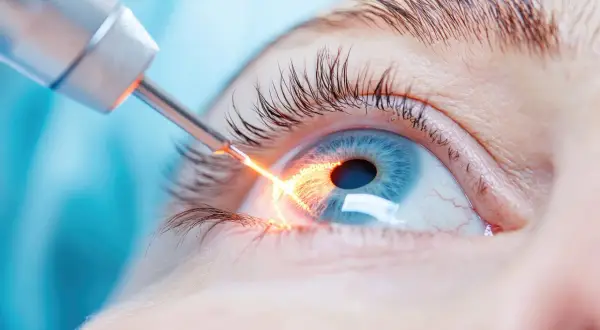 Laserowa irydotomia. Zabieg na oku, po którym należy przestrzegać zaleceń. Widoczny promień lasera działający na tęczówkę.