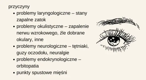 Ból głowy za okiem może mieć różne przyczyny: problemy z zatokami, wzrokiem, neurologiczne, endokrynologiczne lub punkty spustowe mięśni.
