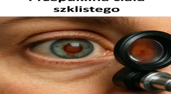 Zbliżenie oka z widocznym narzędziem okulistycznym. Widać tęczówkę i źrenicę, a przez soczewkę narzędzia – wnętrze oka, gdzie mogą być widoczne **przeszkliste oczy**.
