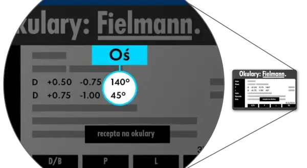 Dane z recepty na okulary, które optometrysta lub okulista wpisał w systemie Fielmann. Pokazano parametry soczewek i ich osie.
