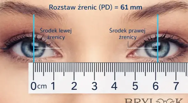 Pomiar rozstawu źrenic (PD) na zbliżeniu oczu. Linijka pokazuje 61 mm.