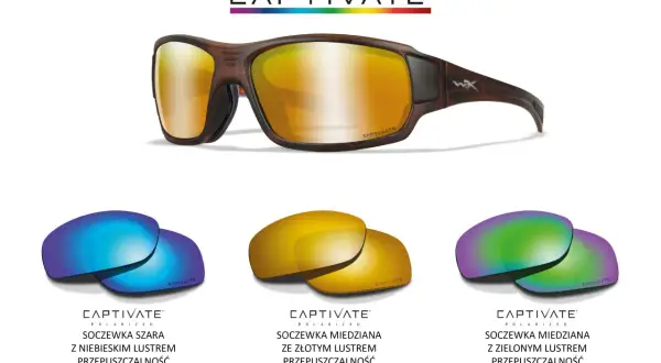 Okulary Captivate z powłoką oleofobową. Trzy rodzaje soczewek: szara z niebieskim lustrem (10%), miedziana ze złotym lustrem (15%) i miedziana z zielonym lustrem (12%).