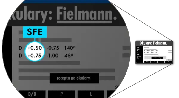 Wyniki testów na wzrok z salonu Fielmann: recepta na okulary z mocami +0.50 i +0.75.