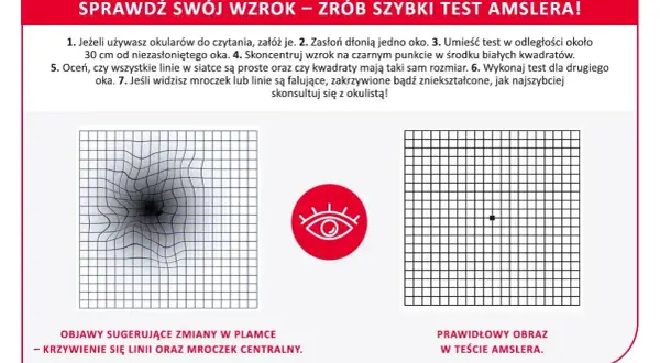 Test Amslera: siatka zniekształcona po lewej, prawidłowa po prawej. Sprawdź swój wzrok!