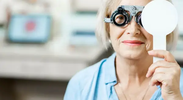 Starsza kobieta z przyrządem optometrycznym, badanie wzroku. Może to być związane z pogorszeniem wzroku ICD 10.