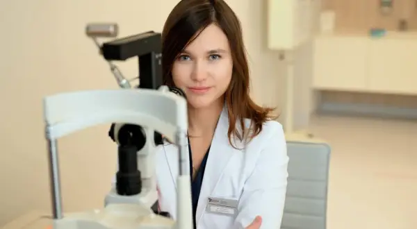 Okulistka w białym kitlu przy aparaturze. Czeka na pacjenta, któremu poda krople u okulisty.