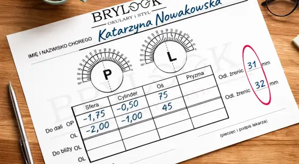 Recepta okularowa Katarzyny Nowakowskiej z danymi: cylinder -0,50 i -1,00, wskazująca na wadę wzroku.