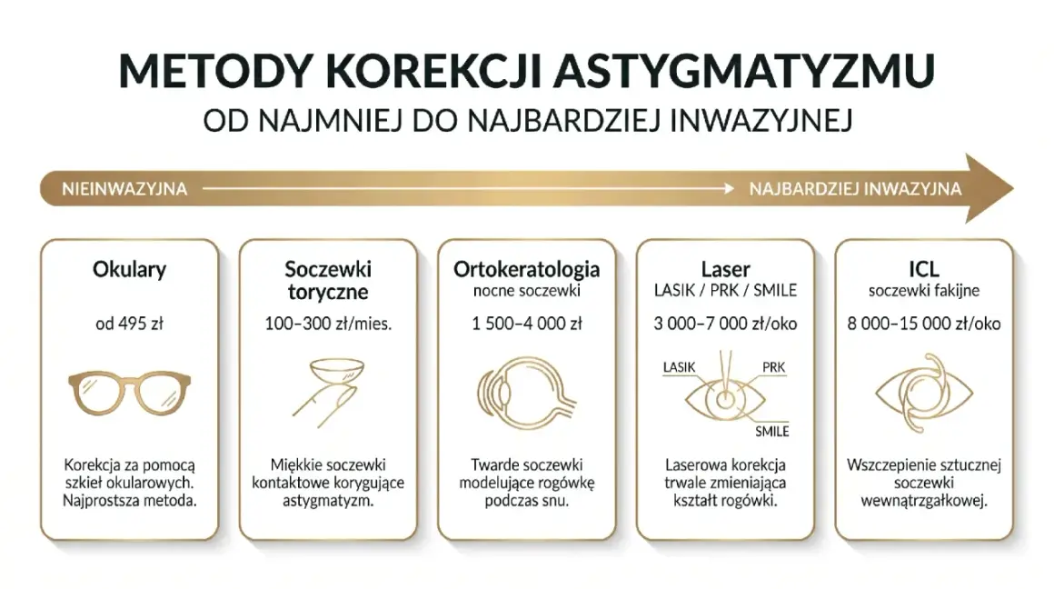 Metody korekcji astygmatyzmu: okulary, soczewki toryczne, ortokorekcja, laser (LASIK, PRK, SMILE), soczewki fakijne ICL.