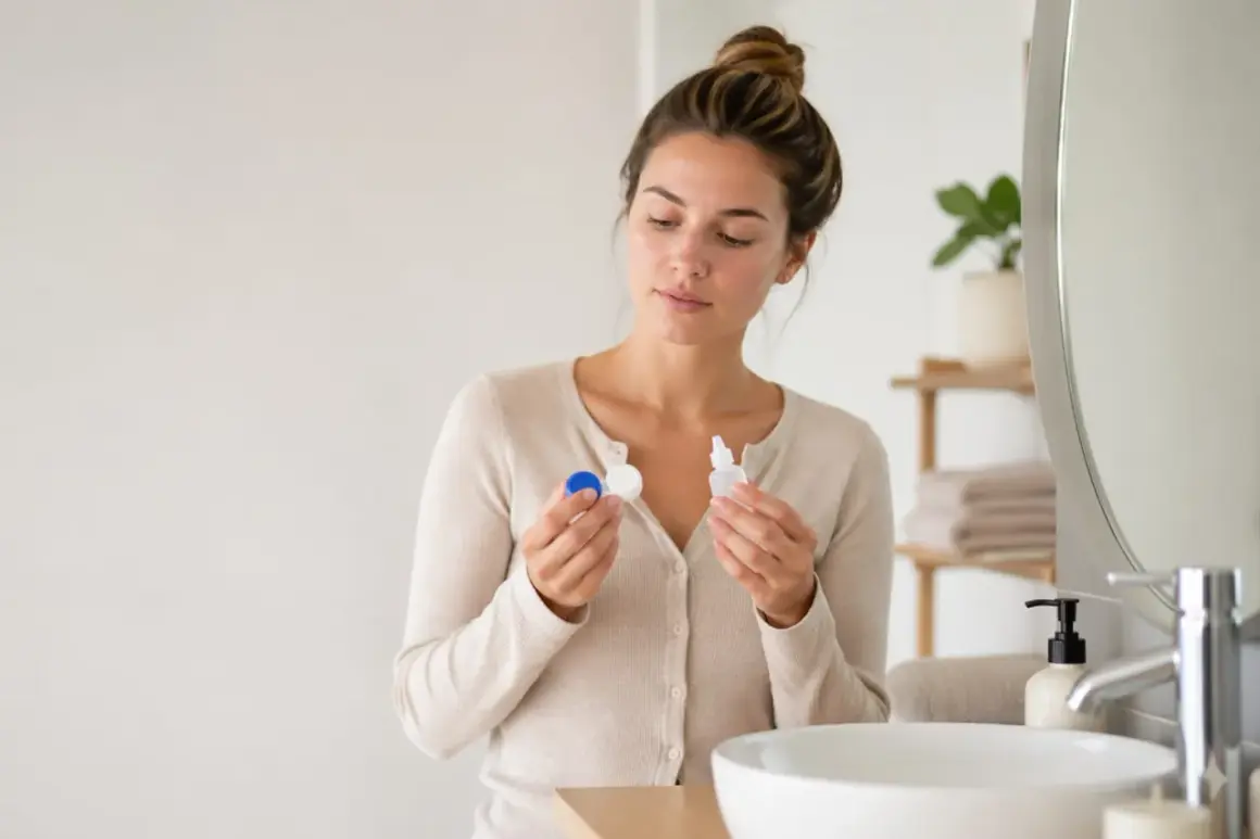 Kobieta trzyma pojemnik na soczewki i krople. Zastanawia się, czy soczewki czuć na oku, gdy są odpowiednio nawilżone.