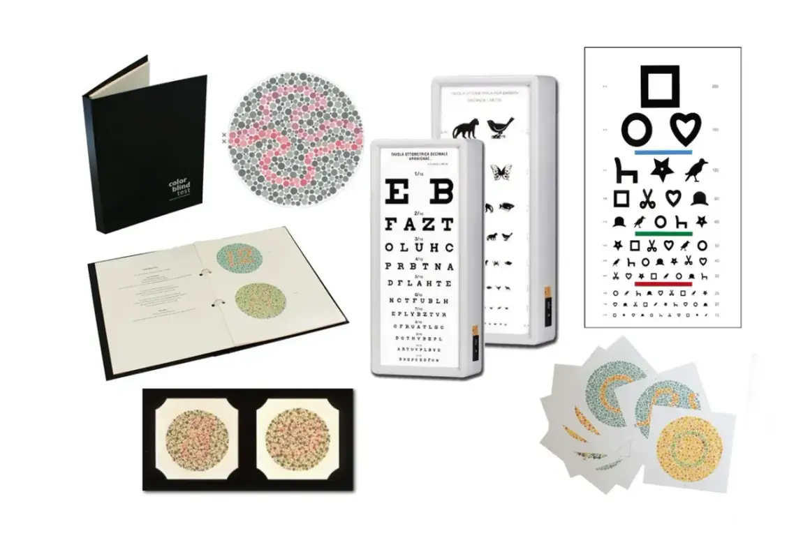 Wyniki badania pola widzenia: tablice Ishihary, optometryczne i testy dla dzieci.
