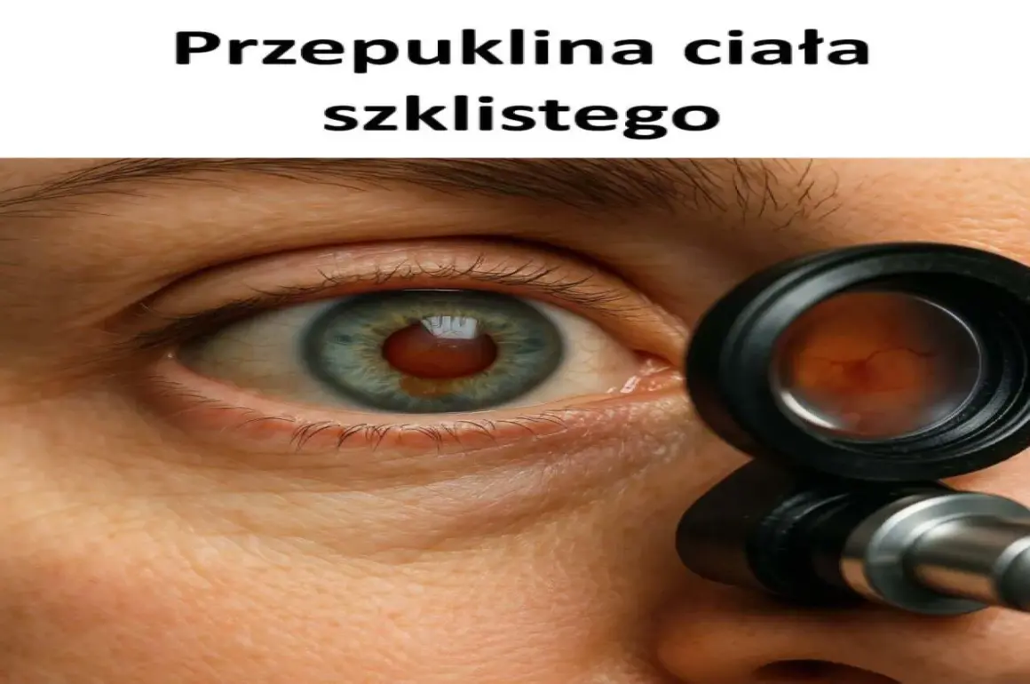 Zbliżenie oka z widocznym narzędziem okulistycznym. Widać tęczówkę i źrenicę, a przez soczewkę narzędzia – wnętrze oka, gdzie mogą być widoczne **przeszkliste oczy**.