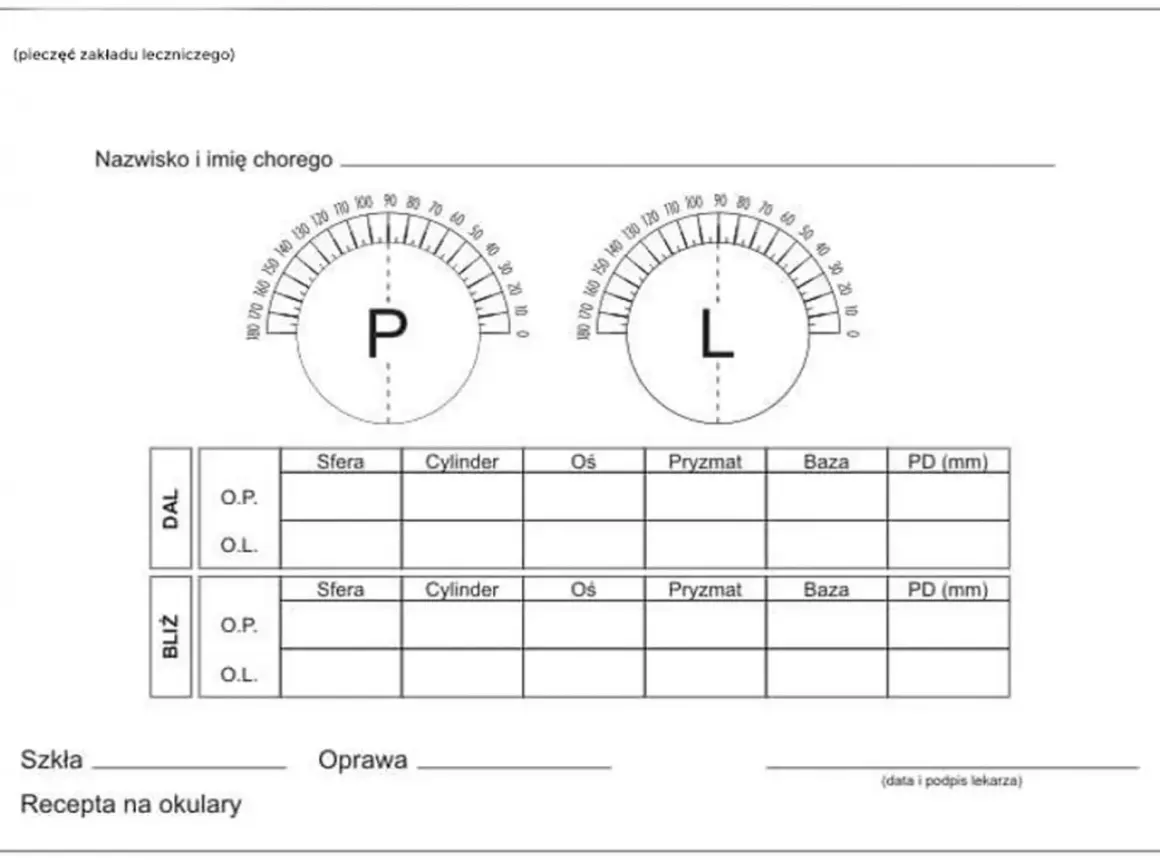 Formularz recepty na okulary z polami do wpisania danych pacjenta, parametrów soczewek (sfera, cylinder, oś, pryzmat, baza, PD) dla dali i bliży, oraz miejscem na wybór oprawy.