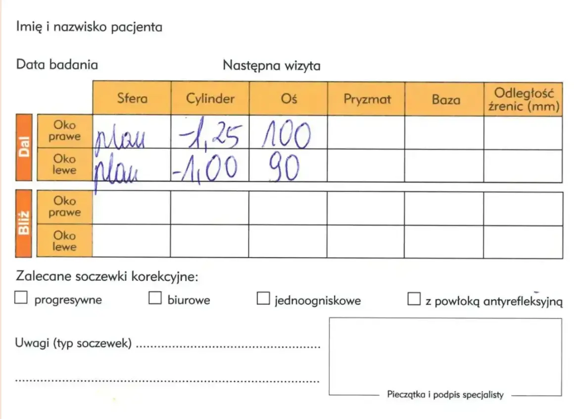 Wyniki badania wzroku: sfera -1,25 i -1,00, cylinder -1,25 i -1,00.