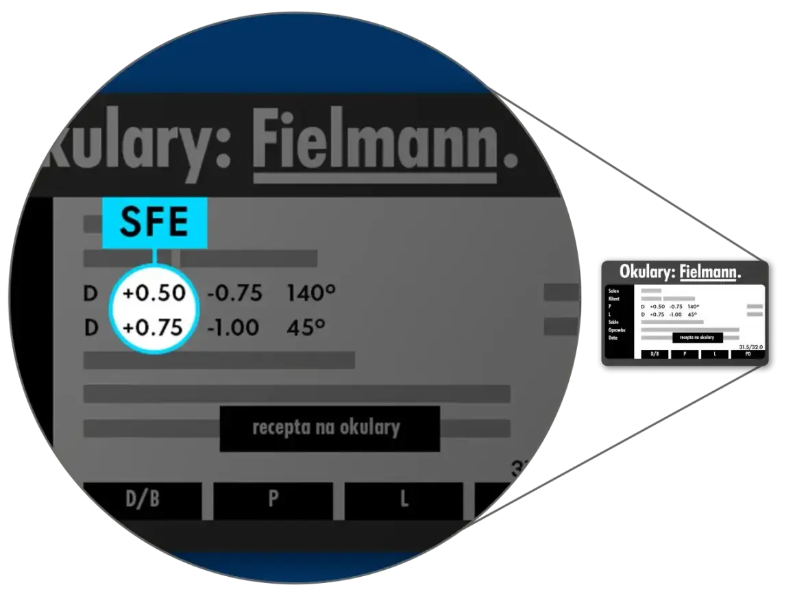 Dane z recepty na okulary: SFE, D +0.50 -0.75 140°, D +0.75 -1.00 45°. To pierwsza kategoria wzroku.