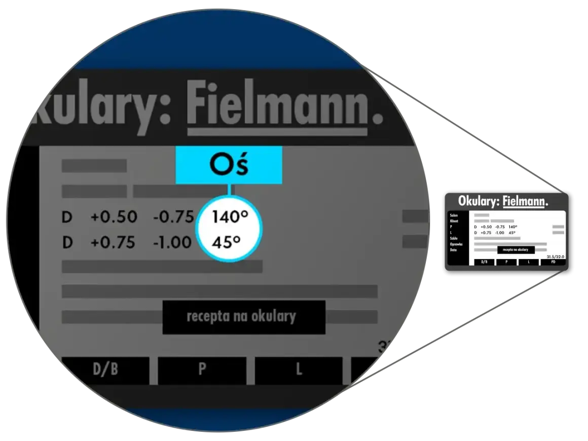 Dane z recepty na okulary, które optometrysta lub okulista wpisał w systemie Fielmann. Pokazano parametry soczewek i ich osie.